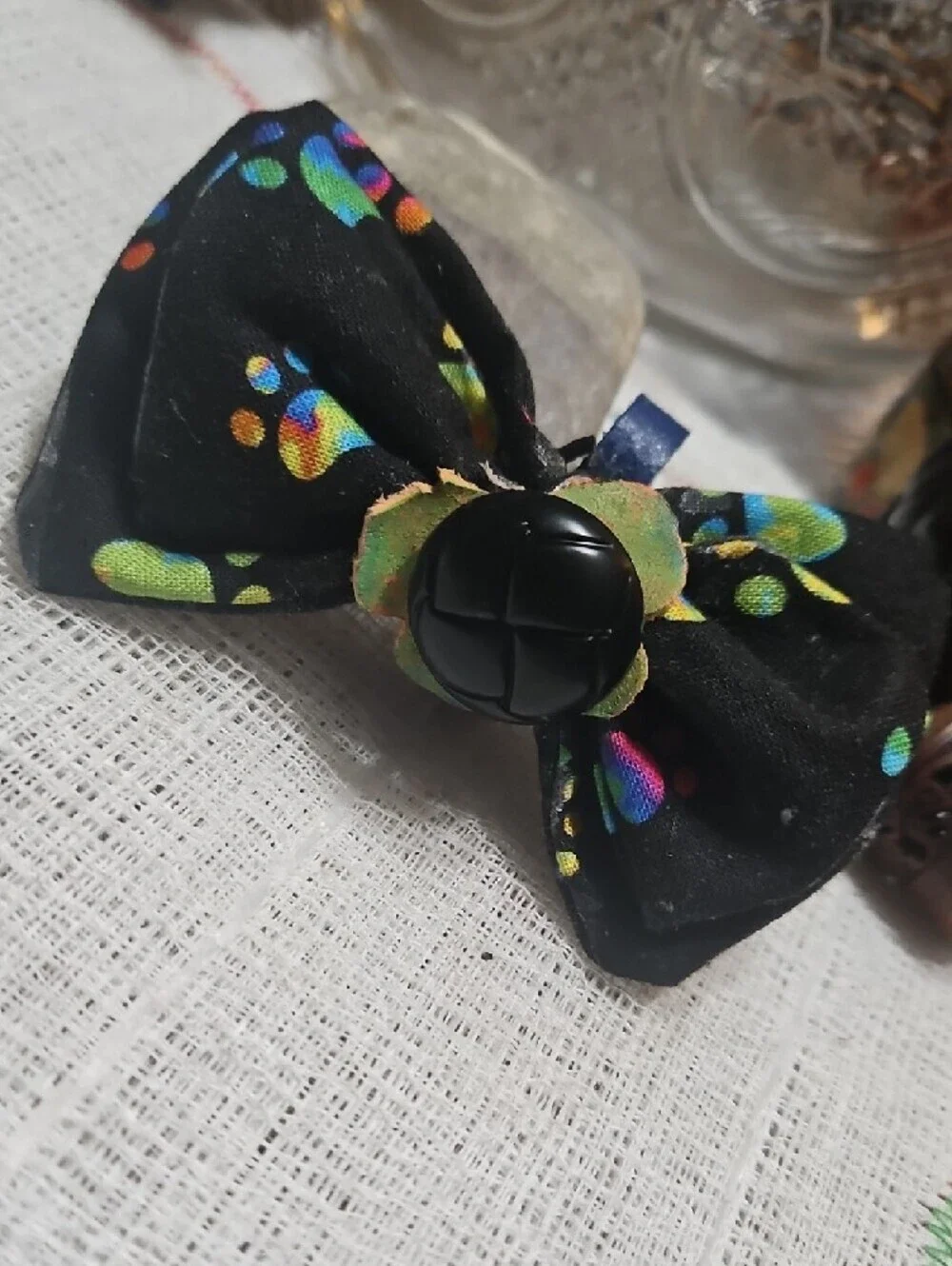 Handmade Black Dog Collar Bow Tie Neon Paw Prints Black Button NEW